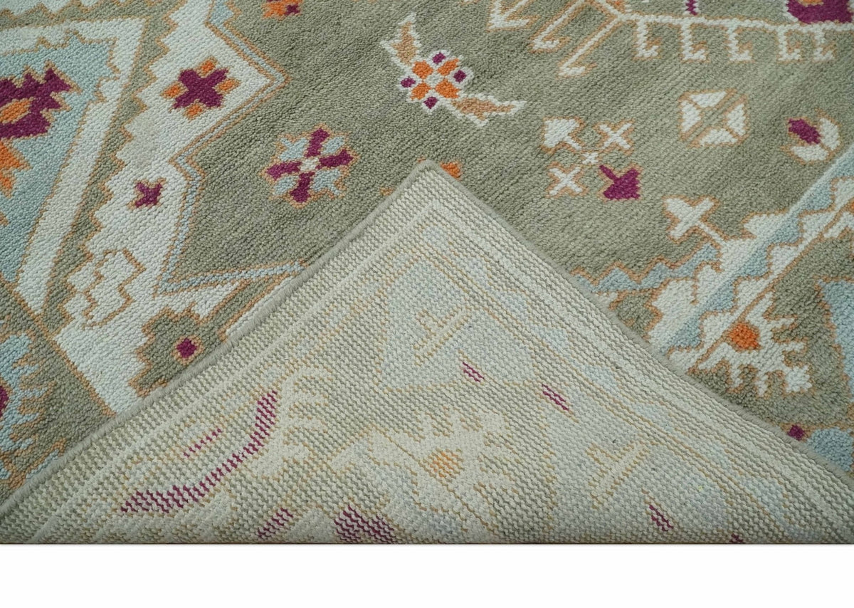 Light Green, Ivory and Maroon Traditional Hand knotted Custom Made wool Area Rug.