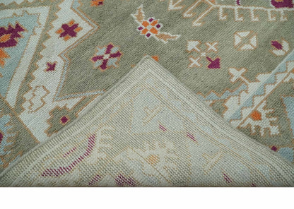 Light Green, Ivory and Maroon Traditional Hand knotted Custom Made wool Area Rug.