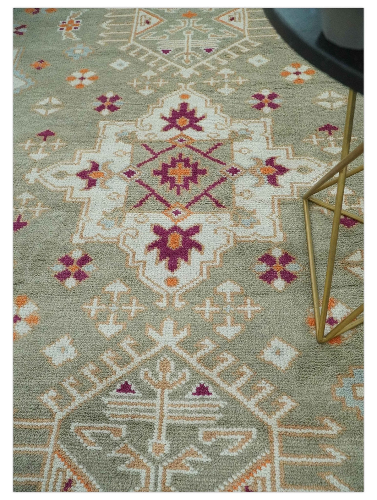 Light Green, Ivory and Maroon Traditional Hand knotted Custom Made wool Area Rug.