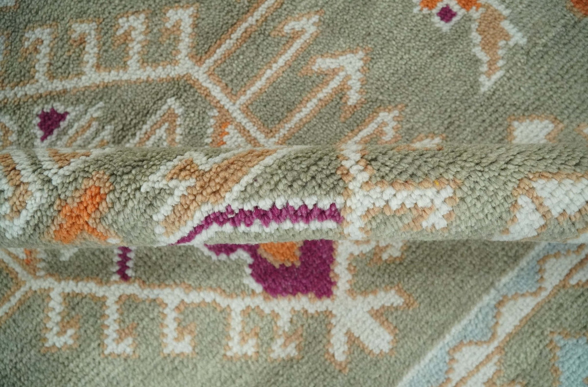 Light Green, Ivory and Maroon Traditional Hand knotted Custom Made wool Area Rug.