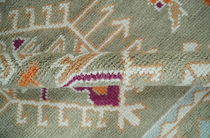 Light Green, Ivory and Maroon Traditional Hand knotted Custom Made wool Area Rug.