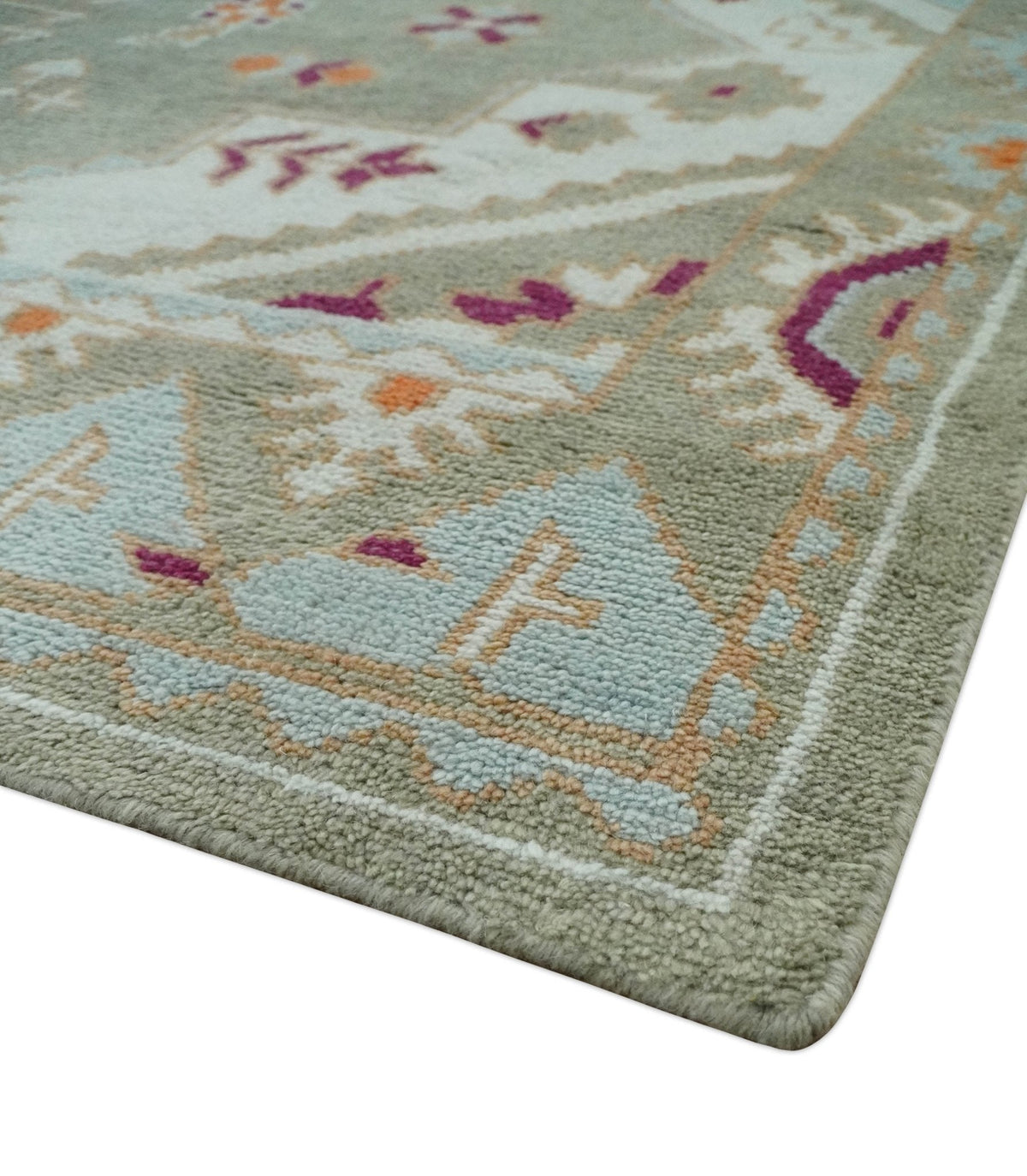 Light Green, Ivory and Maroon Traditional Hand knotted Custom Made wool Area Rug.