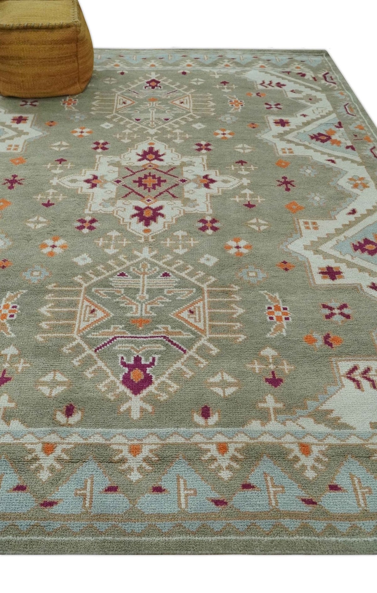Light Green, Ivory and Maroon Traditional Hand knotted Custom Made wool Area Rug.