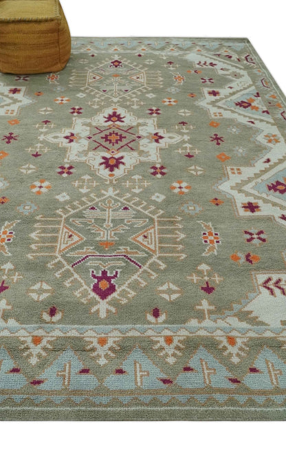 Light Green, Ivory and Maroon Traditional Hand knotted Custom Made wool Area Rug.