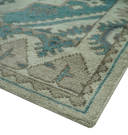 Light green, Teal and Charcoal Traditional Hand Knotted Custom Made wool Area Rug.