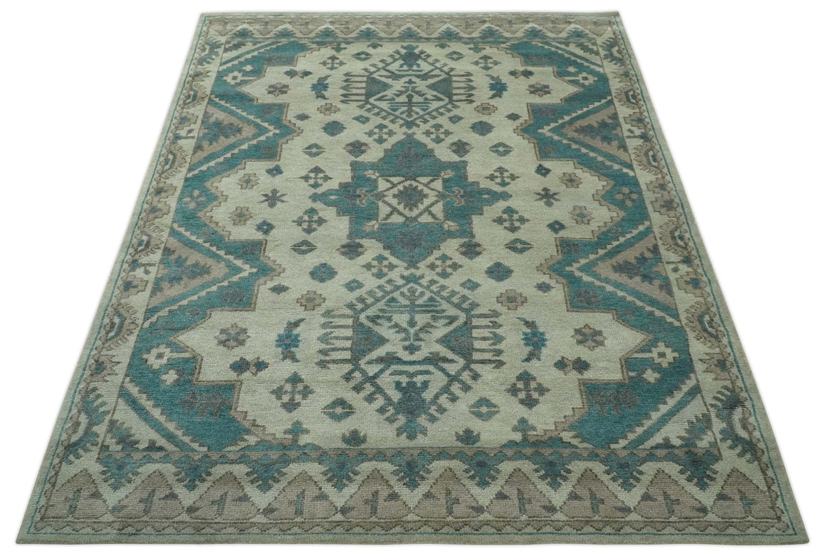 Light green, Teal and Charcoal Traditional Hand Knotted Custom Made wool Area Rug.