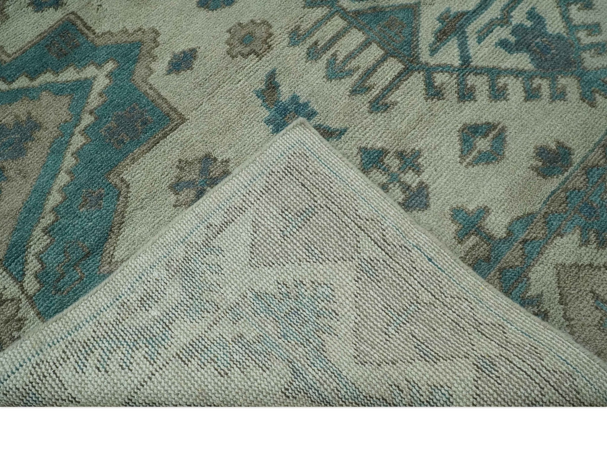 Light green, Teal and Charcoal Traditional Hand Knotted Custom Made wool Area Rug.