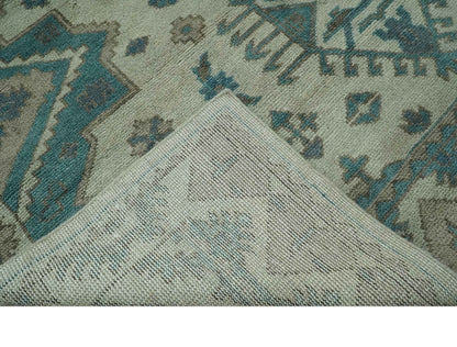 Light green, Teal and Charcoal Traditional Hand Knotted Custom Made wool Area Rug.