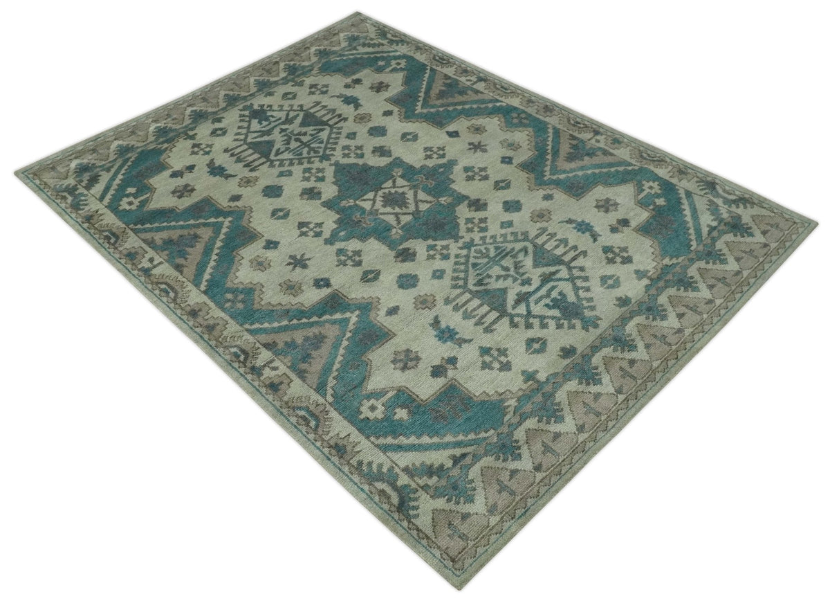 Light green, Teal and Charcoal Traditional Hand Knotted Custom Made wool Area Rug.