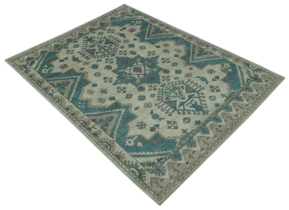 Light green, Teal and Charcoal Traditional Hand Knotted Custom Made wool Area Rug.