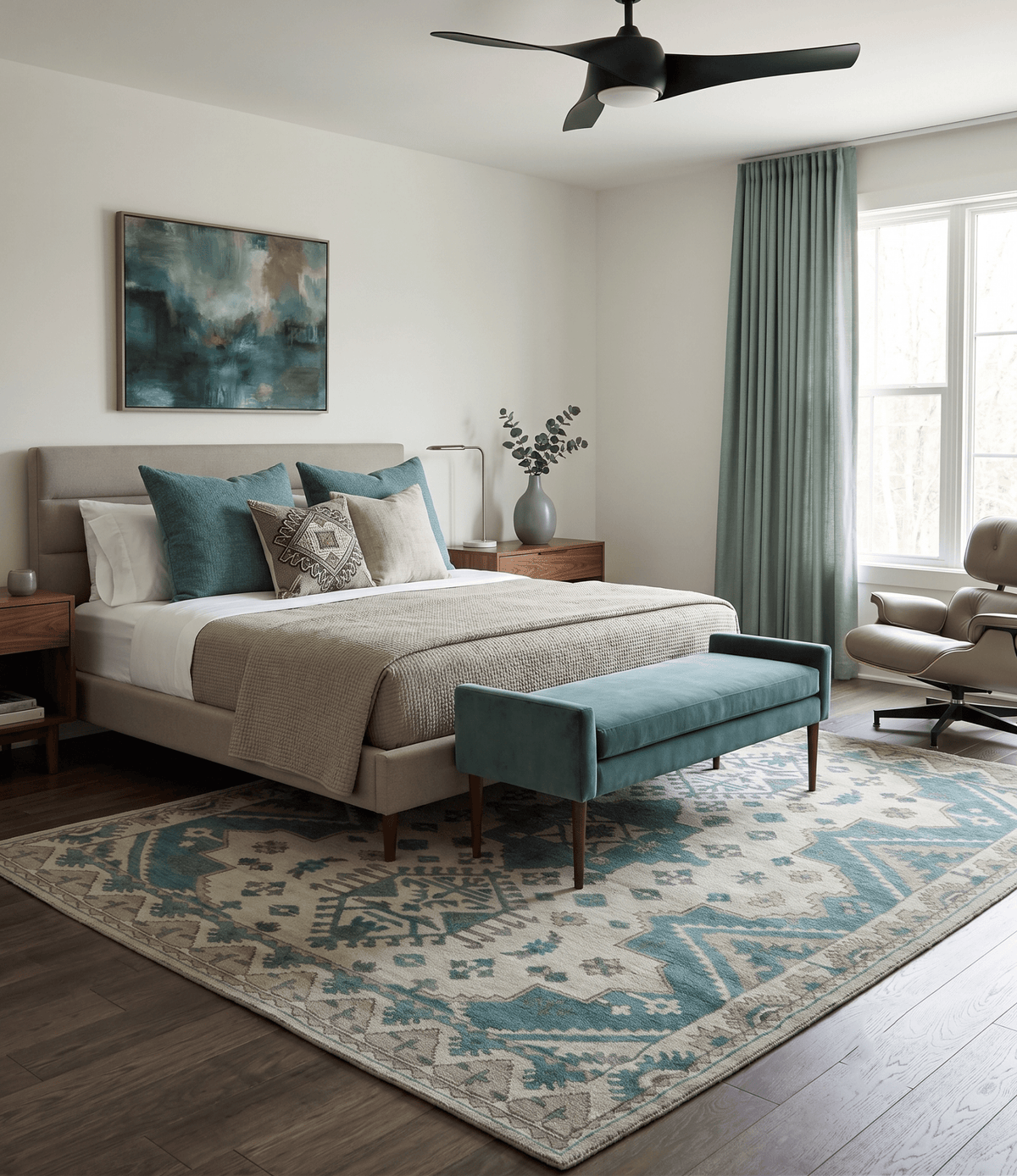 Light green, Teal and Charcoal Traditional Hand Knotted Custom Made wool Area Rug.