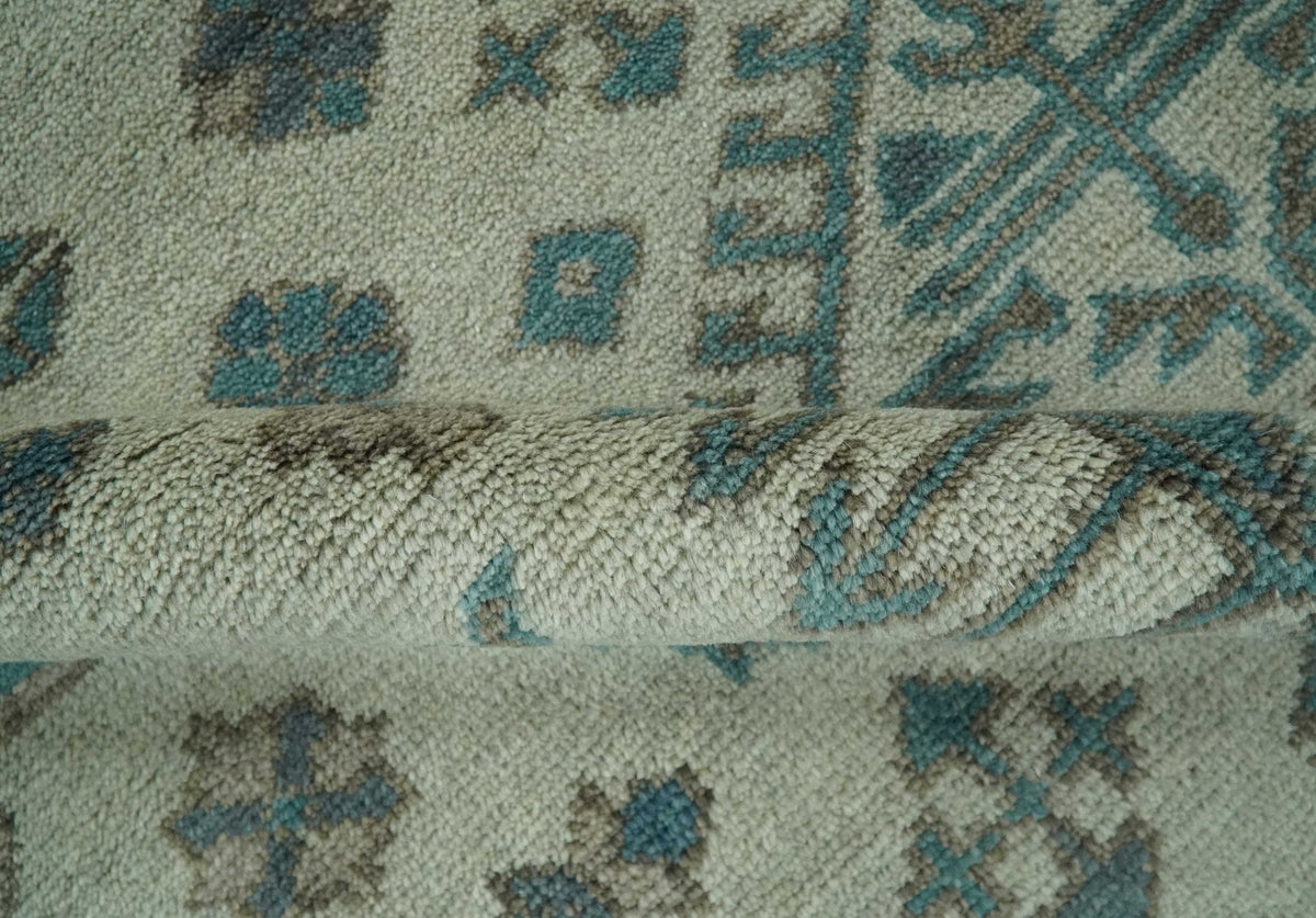 Light green, Teal and Charcoal Traditional Hand Knotted Custom Made wool Area Rug.