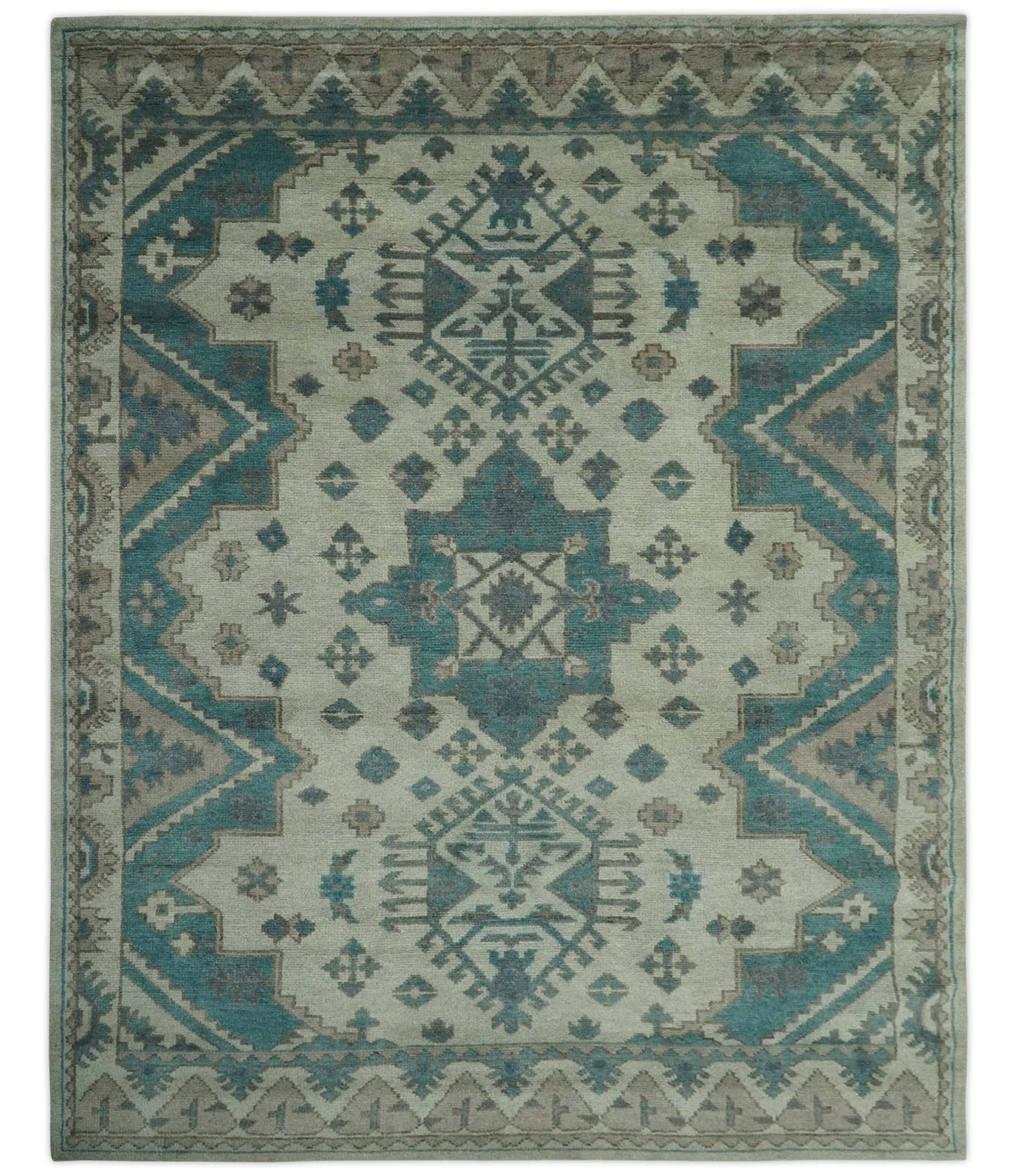 Light green, Teal and Charcoal Traditional Hand Knotted Custom Made wool Area Rug.
