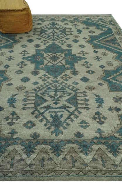 Light green, Teal and Charcoal Traditional Hand Knotted Custom Made wool Area Rug.