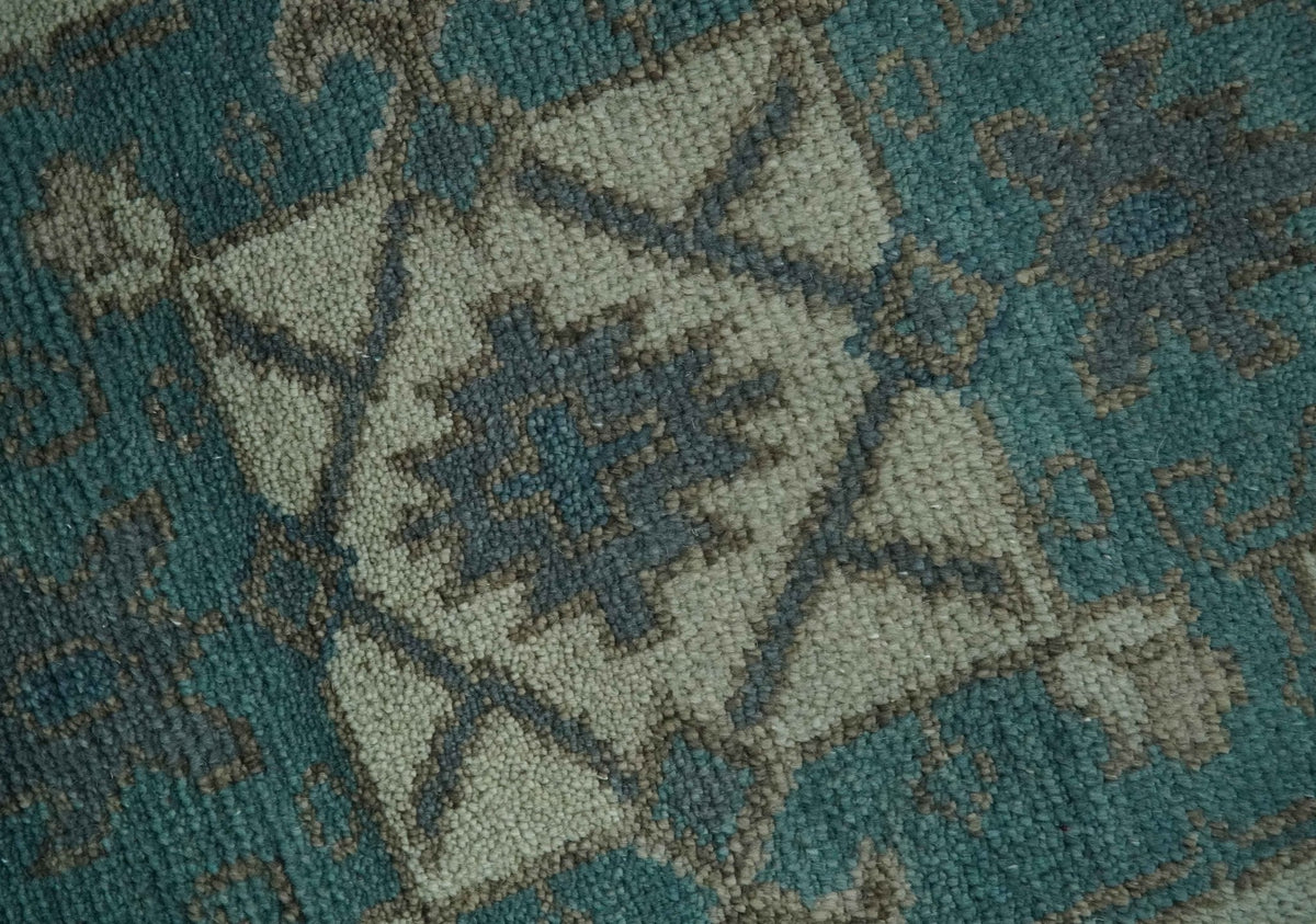 Light green, Teal and Charcoal Traditional Hand Knotted Custom Made wool Area Rug.