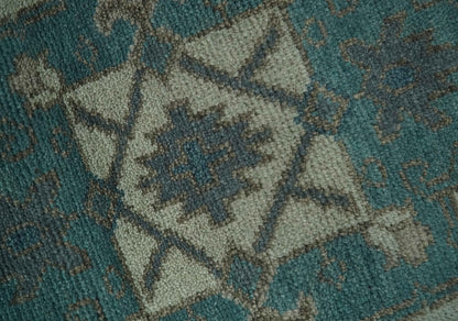 Light green, Teal and Charcoal Traditional Hand Knotted Custom Made wool Area Rug.