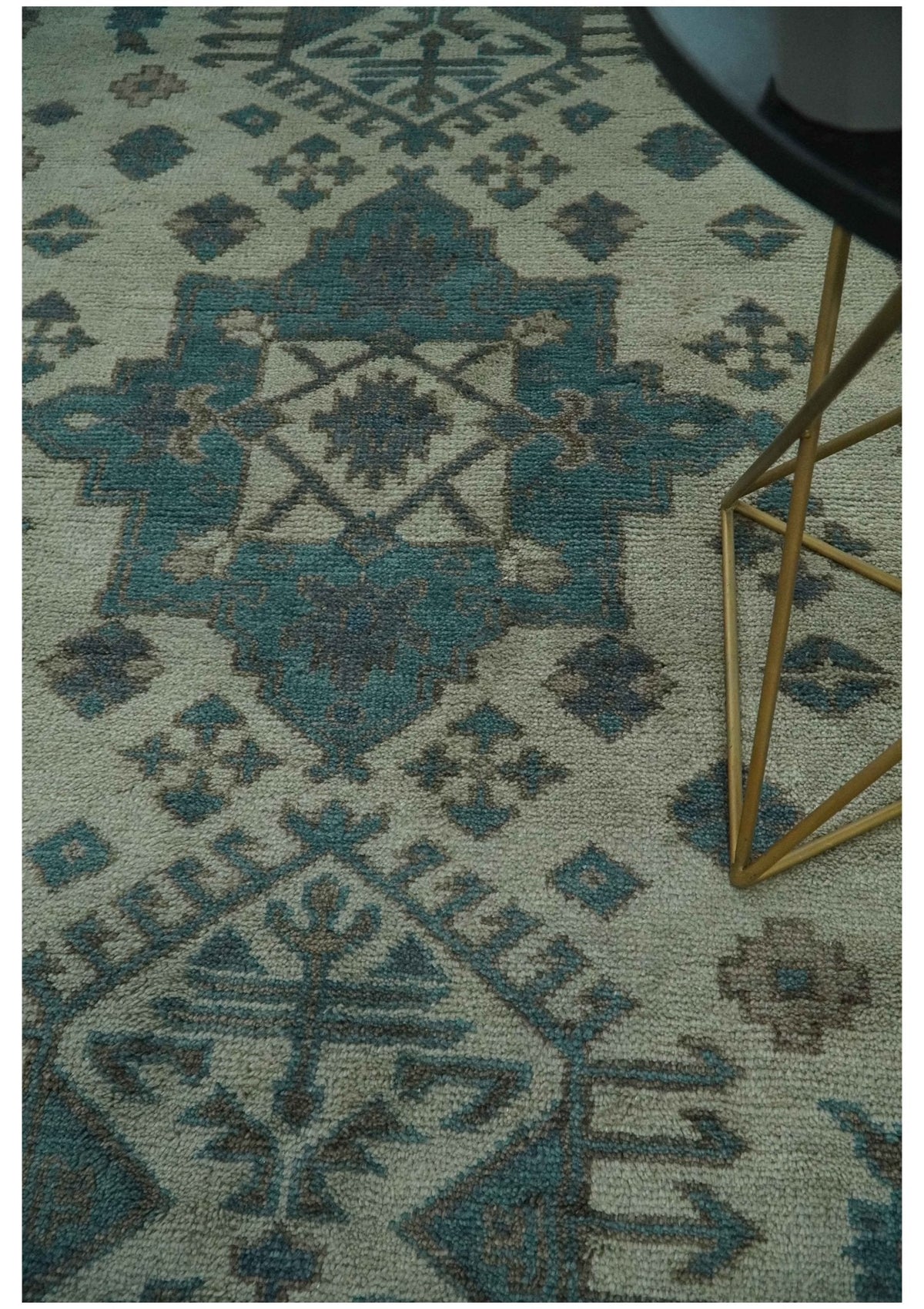 Light green, Teal and Charcoal Traditional Hand Knotted Custom Made wool Area Rug.