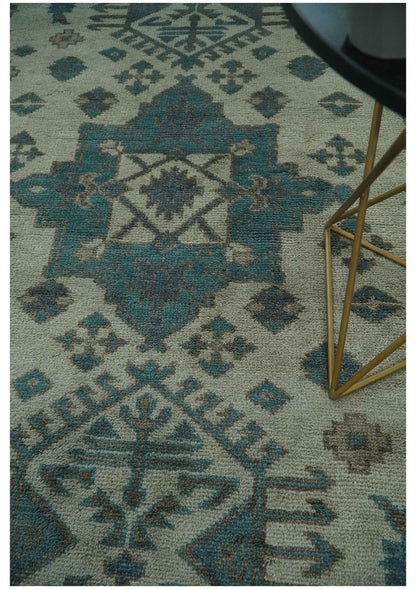 Light green, Teal and Charcoal Traditional Hand Knotted Custom Made wool Area Rug.