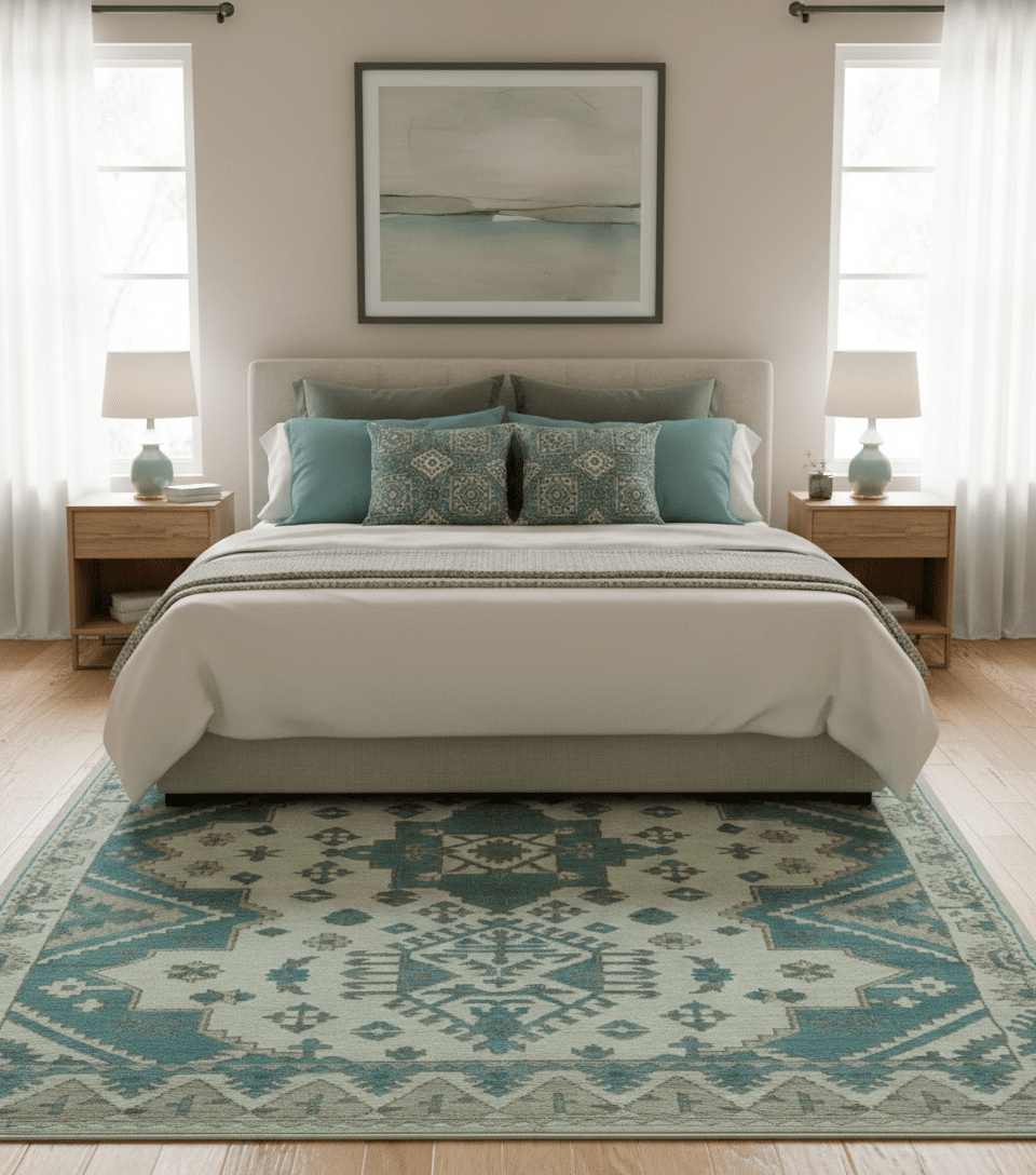 Light green, Teal and Charcoal Traditional Hand Knotted Custom Made wool Area Rug.