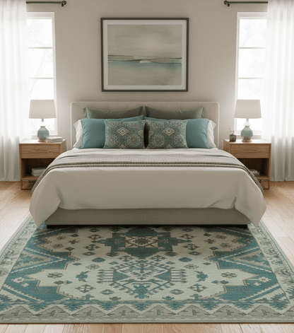 Light green, Teal and Charcoal Traditional Hand Knotted Custom Made wool Area Rug.
