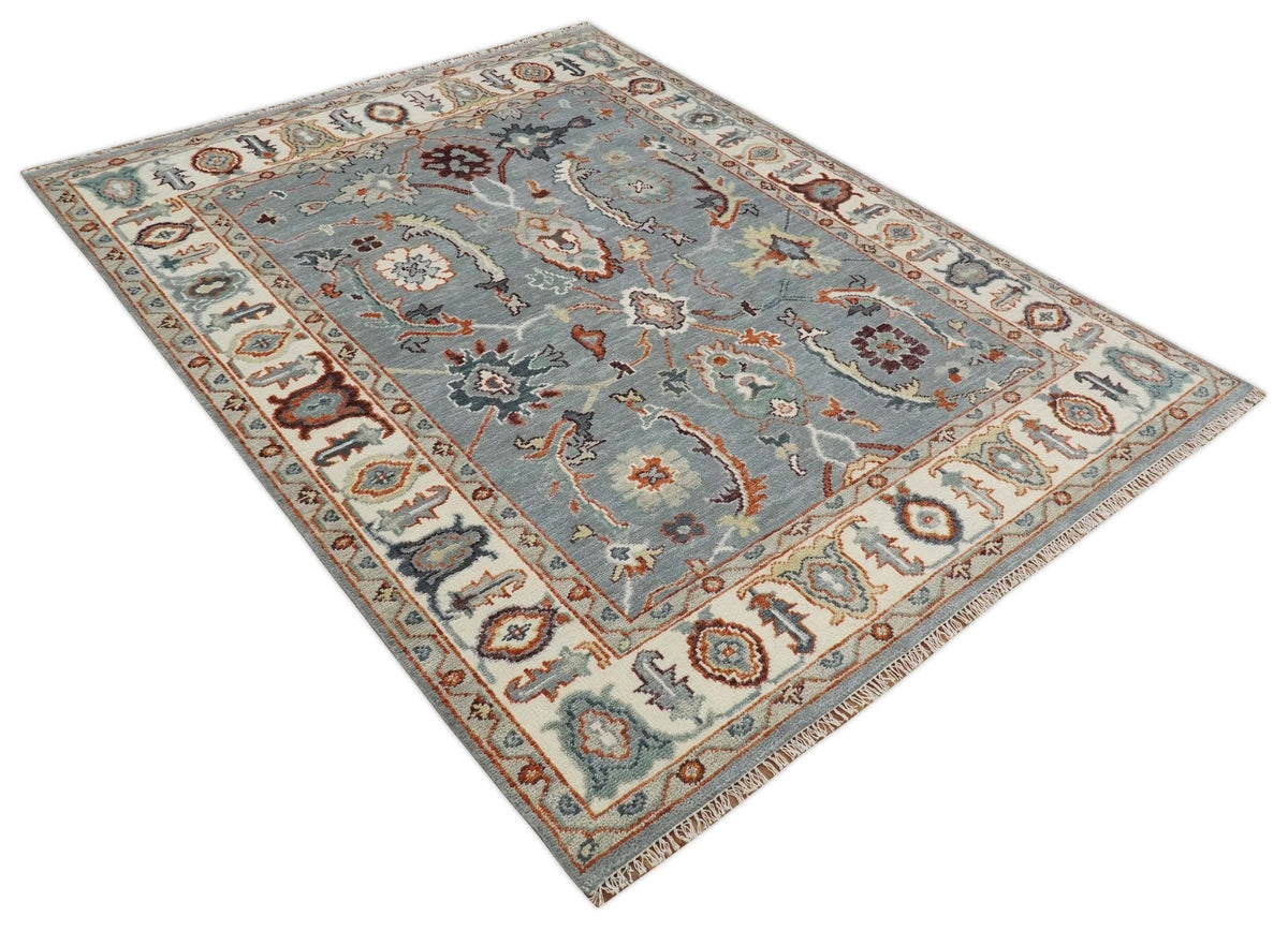 Hand Knotted Gray and Ivory Traditional Oriental Oushak Custom Made Wool Area Rug.