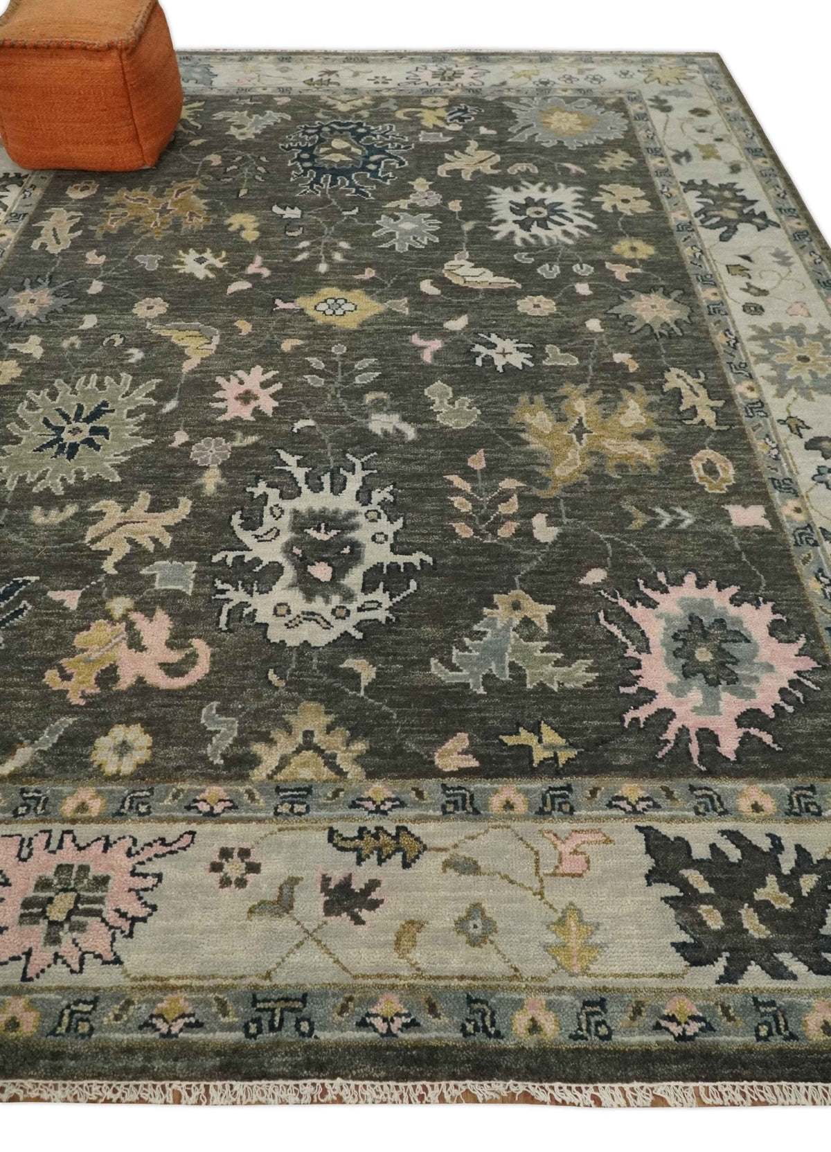 Custom Made Hand Knotted Dark Gray and Beige Traditional Wool Rug.