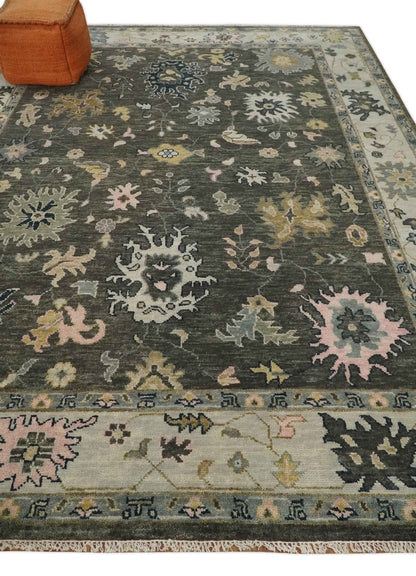 Custom Made Hand Knotted Dark Gray and Beige Traditional Wool Rug.