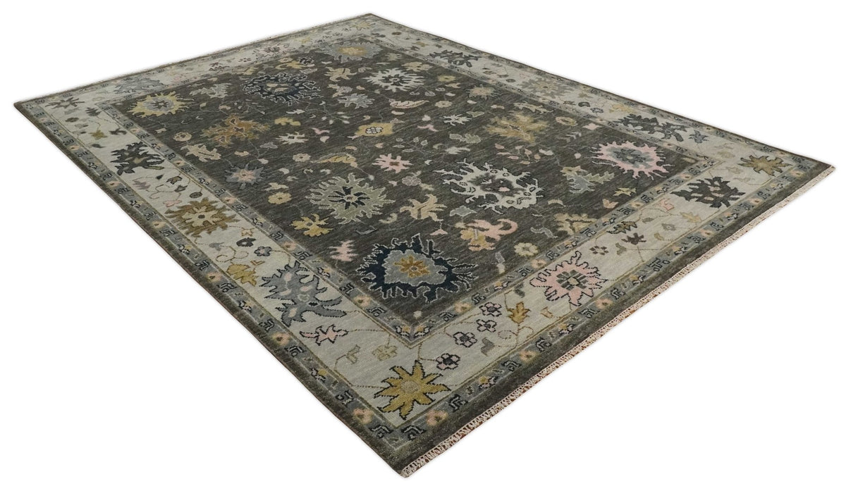Custom Made Hand Knotted Dark Gray and Beige Traditional Wool Rug.