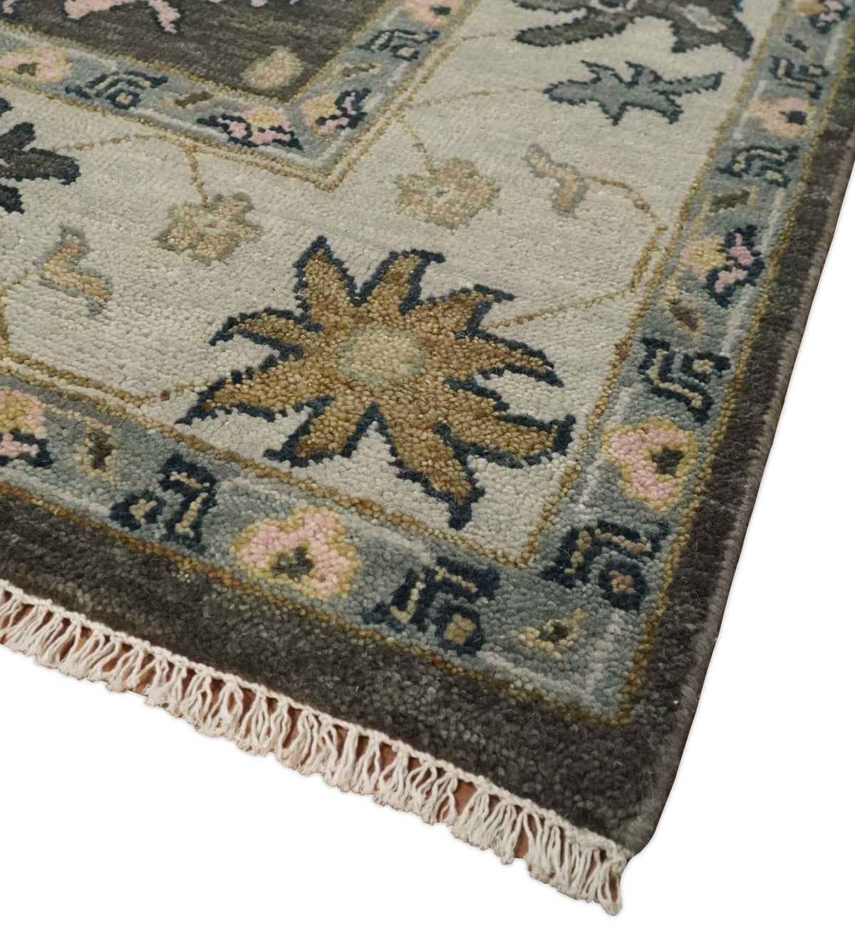 Custom Made Hand Knotted Dark Gray and Beige Traditional Wool Rug.