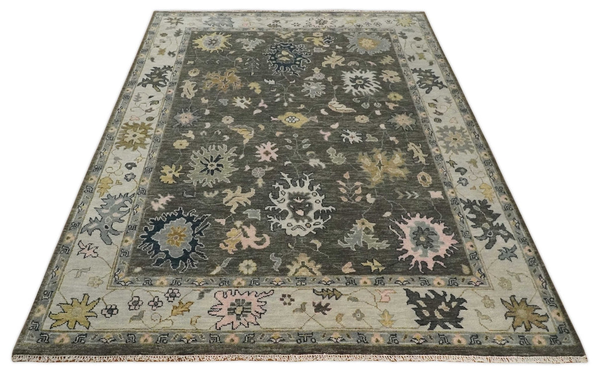 Custom Made Hand Knotted Dark Gray and Beige Traditional Wool Rug.