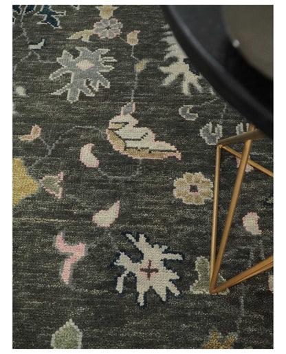 Custom Made Hand Knotted Dark Gray and Beige Traditional Wool Rug.