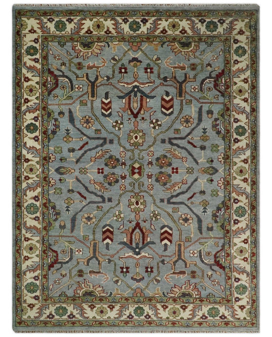 Custom Made Hand Knotted Silver, Olive and Ivory Traditional Oriental Oushak Wool Rug.