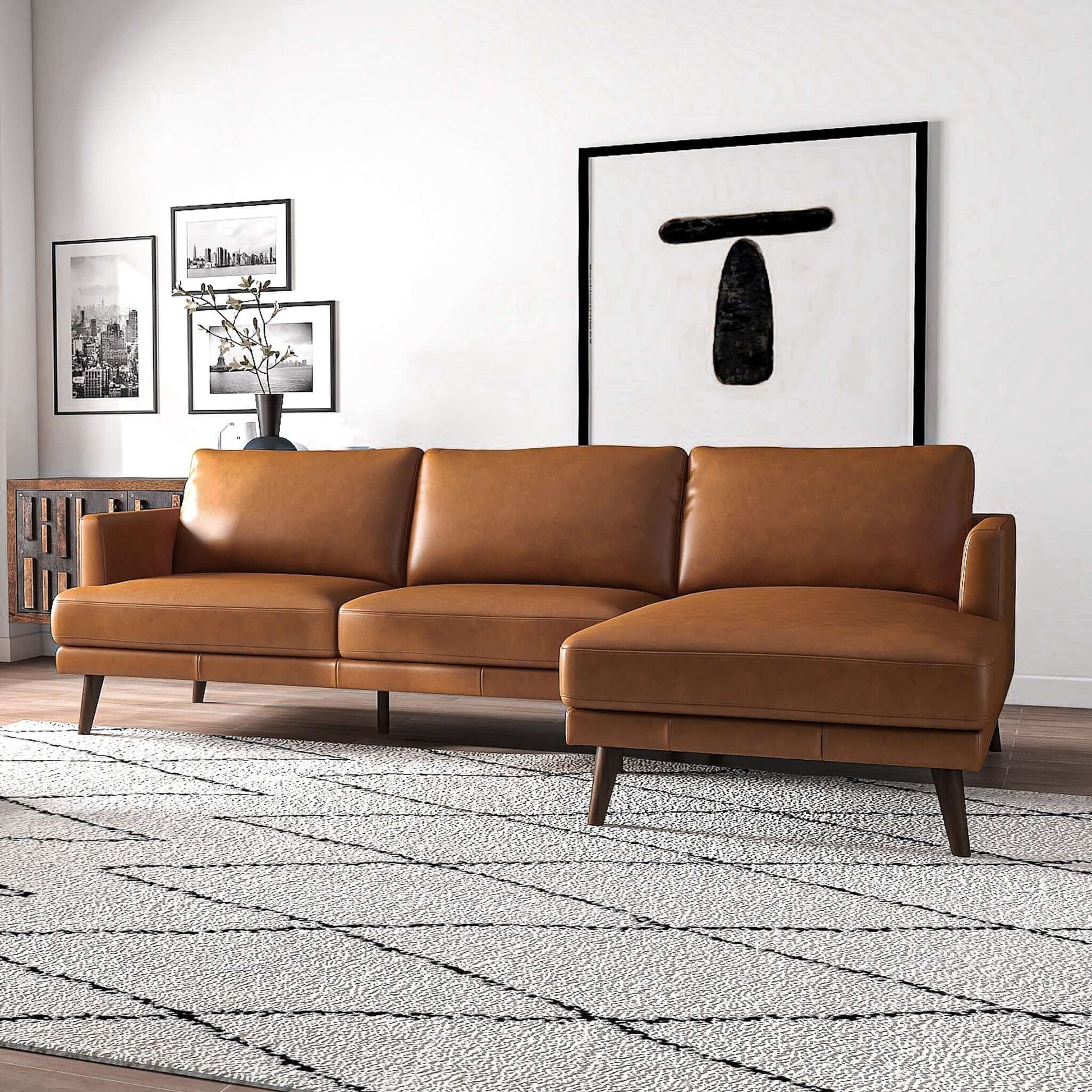 Ashcroft Furniture Co Lore Mid-Century Modern L-Shaped Genuine Leather Sectional in Tan