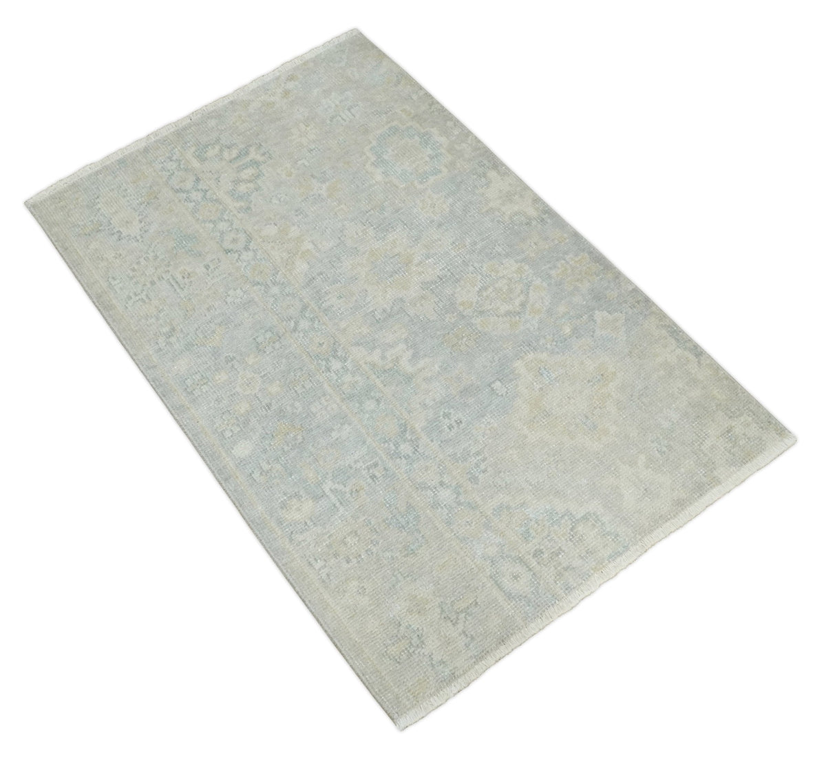 2x3 Hand Knotted Gray And Beige Traditional Oushak Wool Rug.