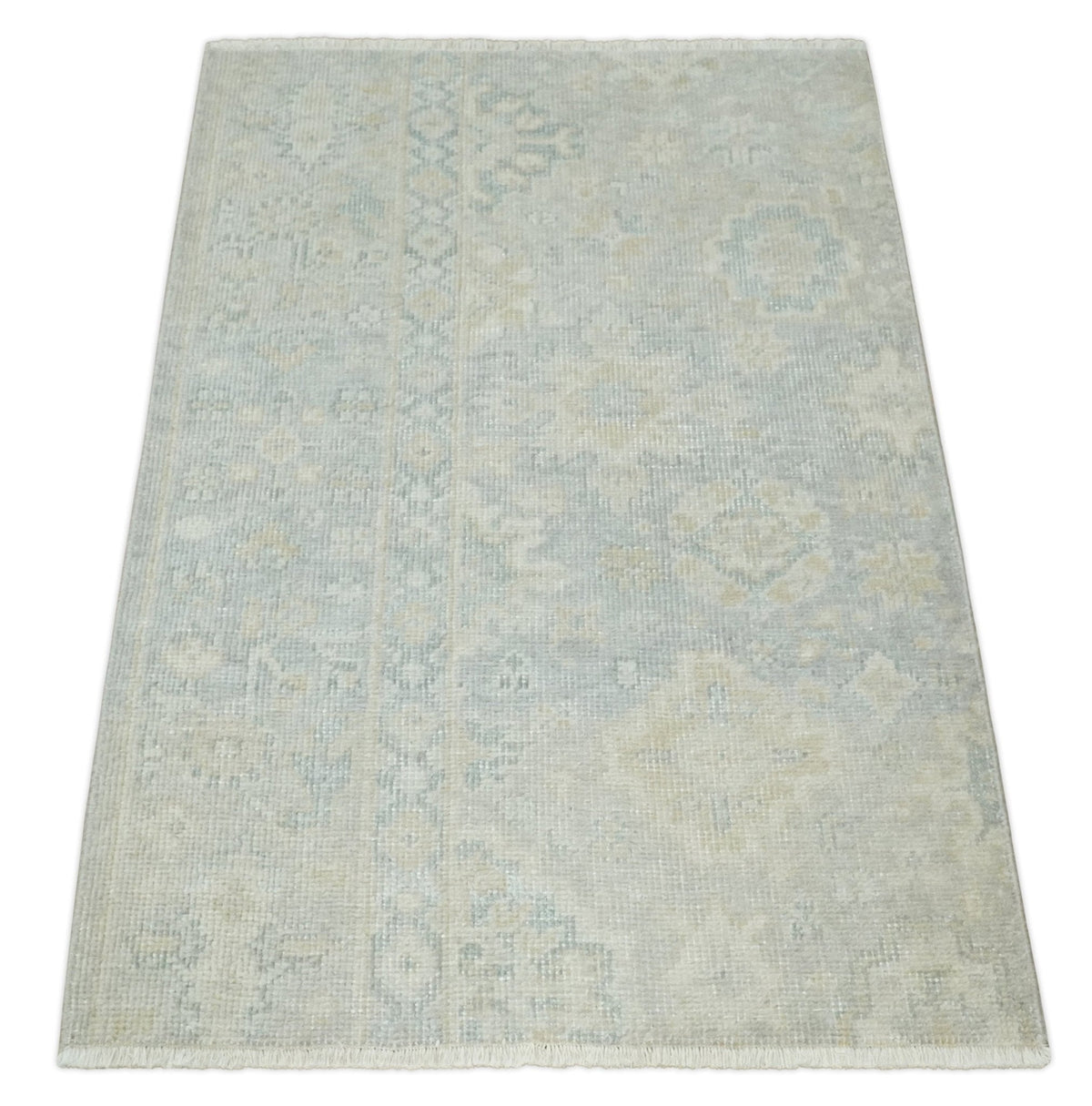 2x3 Hand Knotted Gray And Beige Traditional Oushak Wool Rug.