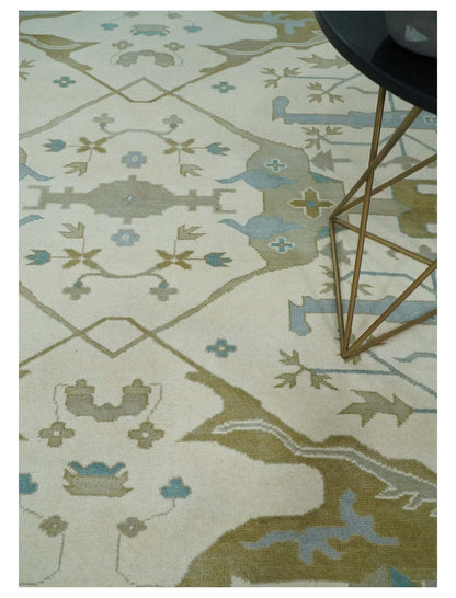 Made to Order Hand Knotted Oriental Oushak Ivory, Aqua and Beige Wool Area Rug.