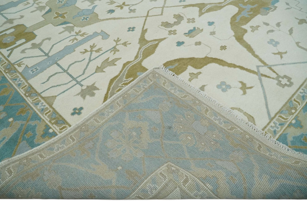 Made to Order Hand Knotted Oriental Oushak Ivory, Aqua and Beige Wool Area Rug.