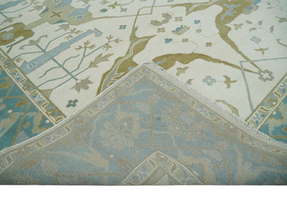 Made to Order Hand Knotted Oriental Oushak Ivory, Aqua and Beige Wool Area Rug.