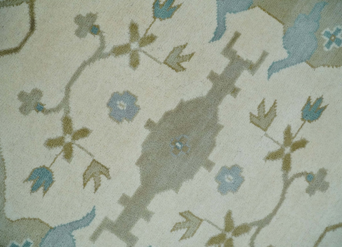 Made to Order Hand Knotted Oriental Oushak Ivory, Aqua and Beige Wool Area Rug.