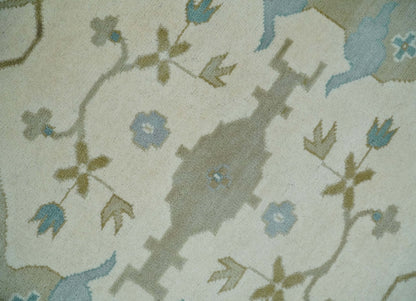 Made to Order Hand Knotted Oriental Oushak Ivory, Aqua and Beige Wool Area Rug.