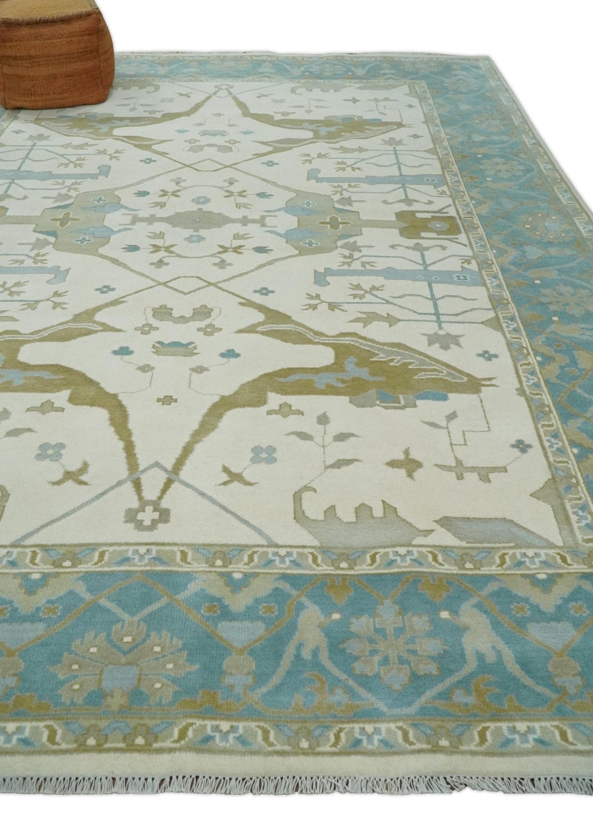 Made to Order Hand Knotted Oriental Oushak Ivory, Aqua and Beige Wool Area Rug.