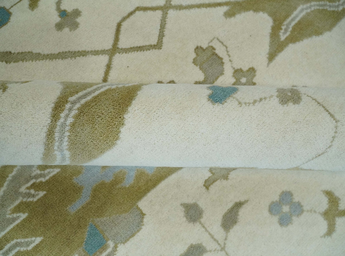 Made to Order Hand Knotted Oriental Oushak Ivory, Aqua and Beige Wool Area Rug.