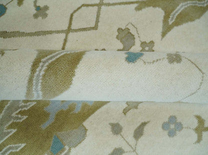 Made to Order Hand Knotted Oriental Oushak Ivory, Aqua and Beige Wool Area Rug.