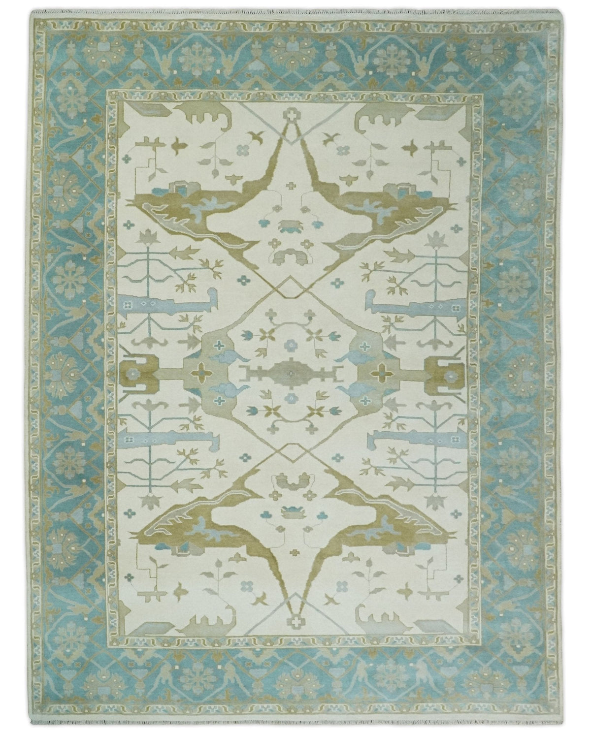 Made to Order Hand Knotted Oriental Oushak Ivory, Aqua and Beige Wool Area Rug.