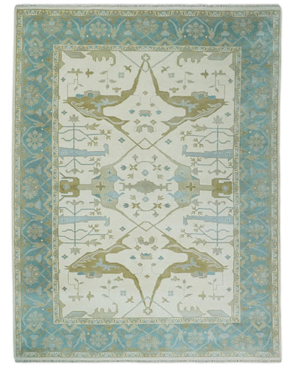 Made to Order Hand Knotted Oriental Oushak Ivory, Aqua and Beige Wool Area Rug.