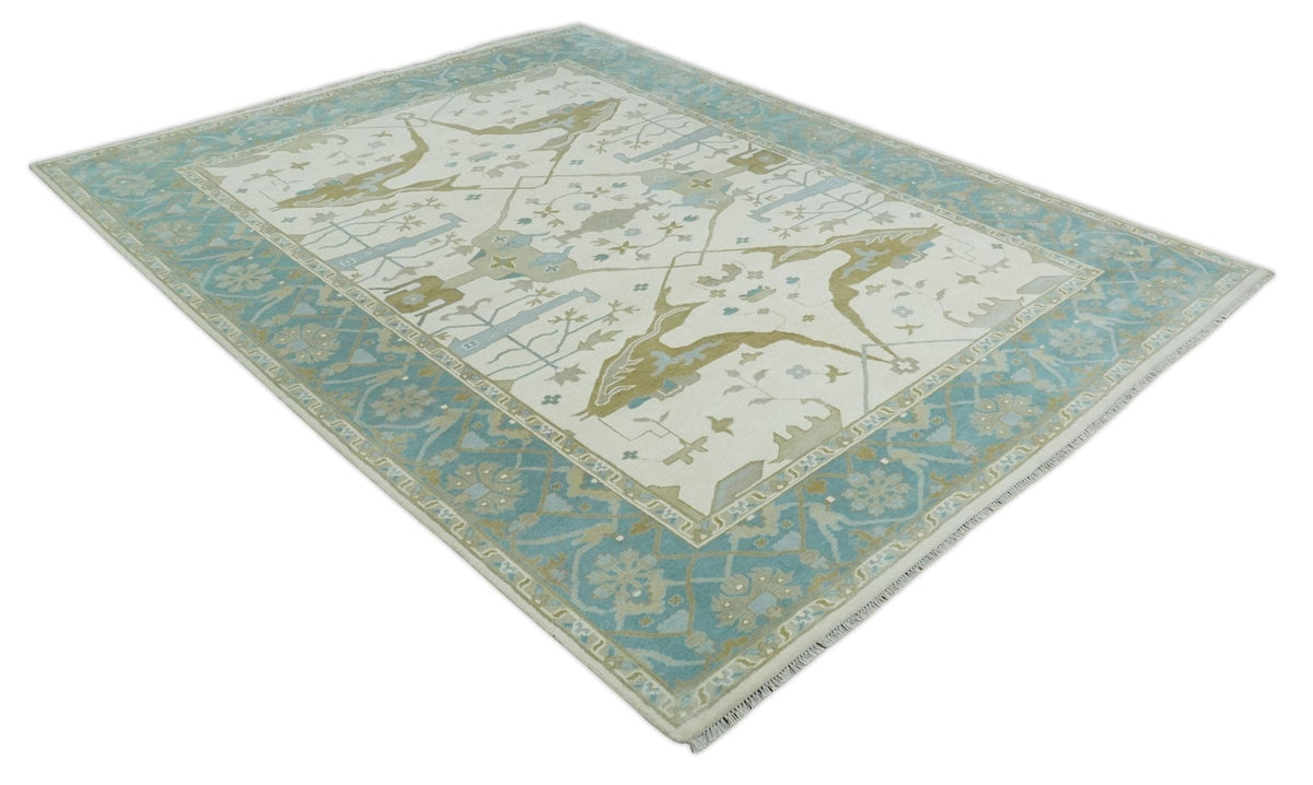 Made to Order Hand Knotted Oriental Oushak Ivory, Aqua and Beige Wool Area Rug.