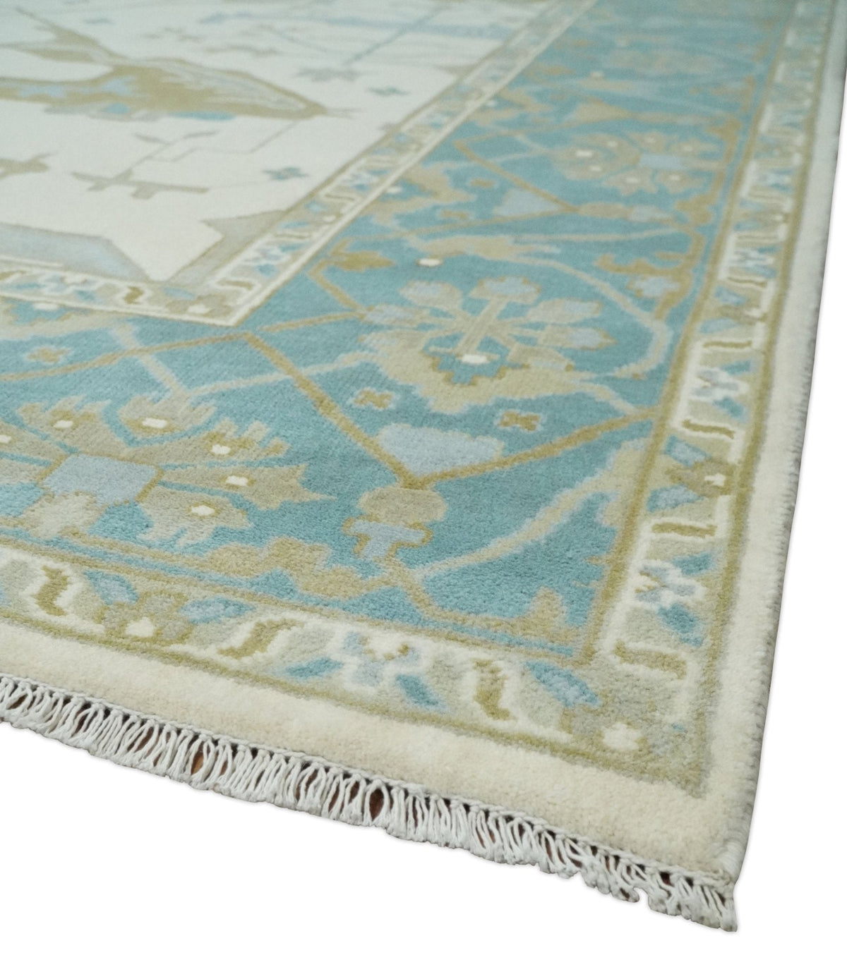 Made to Order Hand Knotted Oriental Oushak Ivory, Aqua and Beige Wool Area Rug.