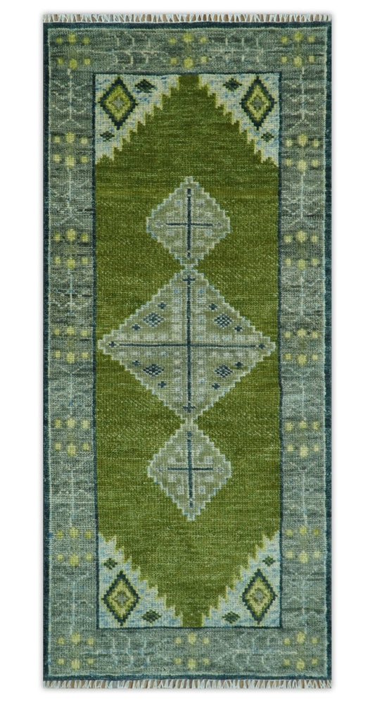 Made to Order Runner Traditional Heriz Green And Gray Hand Knotted Wool Rug.