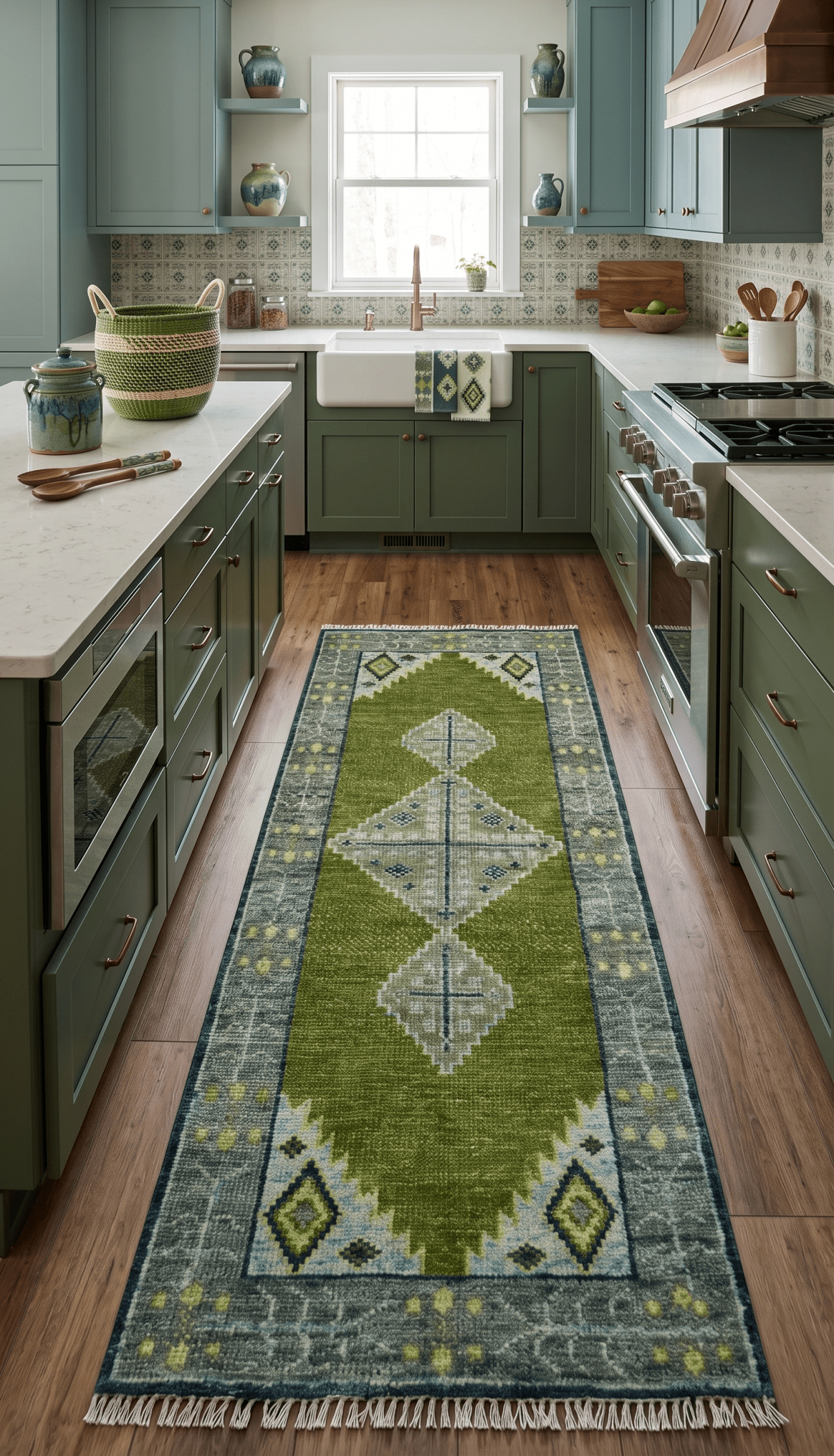 Made to Order Runner Traditional Heriz Green And Gray Hand Knotted Wool Rug.