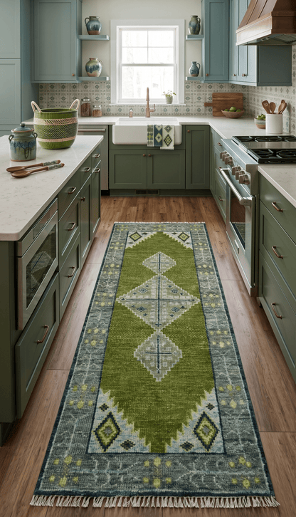 Made to Order Runner Traditional Heriz Green And Gray Hand Knotted Wool Rug.